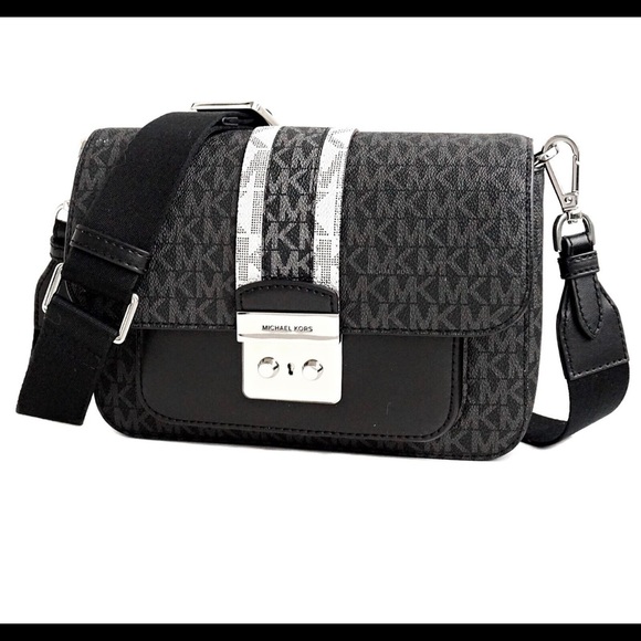 Michael Kors Sloan Editor Medium Flap Messenger Crossbody MK Logo Black White - Picture 2 of 6